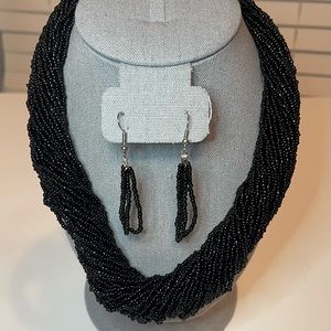 Black Seed Beaded Multi Strand Necklace 24 Inches in Silvertone and earrings